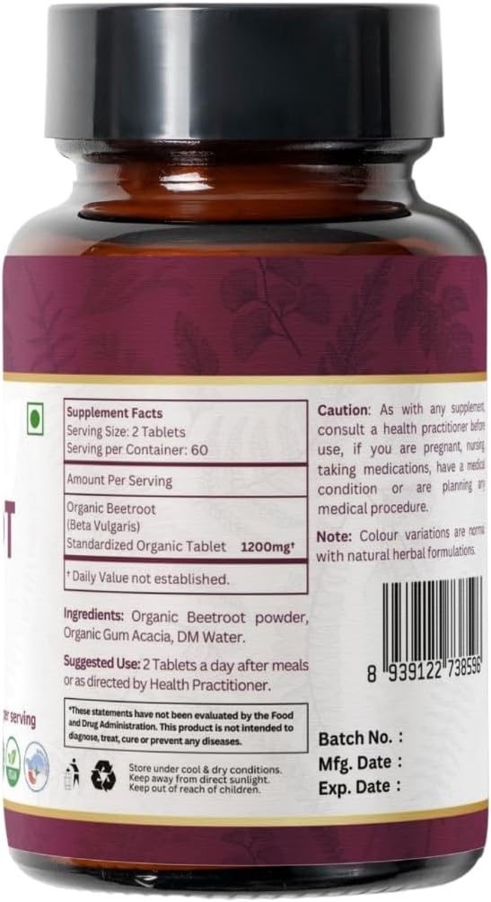 Beetroot 120 Tablets | Beta Vulgaris (Beetroot) | USDA Organic Certified | Organic and Natural 120tab