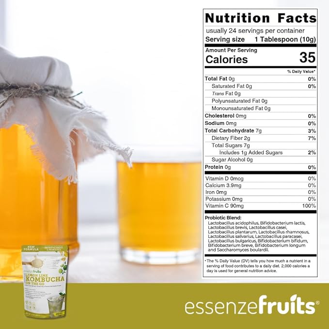 Essenzefruits Lemon Lime Ginger Kombucha Powder Tea Mix Beverage - Sugar Free, Fermented & Dried - Just Add Water! Live Probiotics & Prebiotic Blend, Vitamin C - Makes up to 30 Cups (8 Oz, 226g)