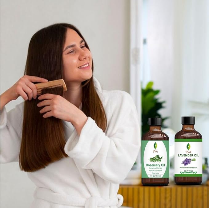 SVA Rosemary Essential Oil 4oz and Lavender Essential Oil 4oz Bundle Super Saver Combo – Premium Grade Value Set for Hair Oiling, Scalp Massage, Hair Care, Skin Care, Body Massage and Aromatherapy