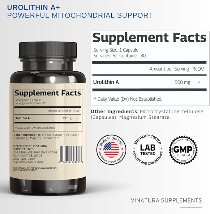 Urolithin A Supplement 500mg - Urolithin A+ for Powerful Antioxidants, Anti Aging and Mitochondrial Support, 30 Capsules