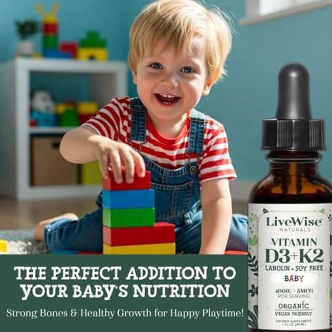 LiveWise Naturals Baby Vitamin D3-K2 Liquid Supplement, Vitamin Drops for Infants and Toddlers, for Healthy Growth, Development and Daily Wellness, Easy-to-Use Dropper in Glass Bottle, 1 Fl Oz