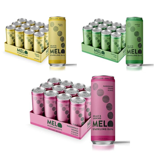 Melo Sparkling Kava Drink, Passionfruit, Orange & Guava Bundled with Banana Cream and Tahitian Lime, Sugar Free Non Alcoholic Drinks with Zero Calories, 750mg Kava Root per Drink, 12 Pack, 12 oz Can