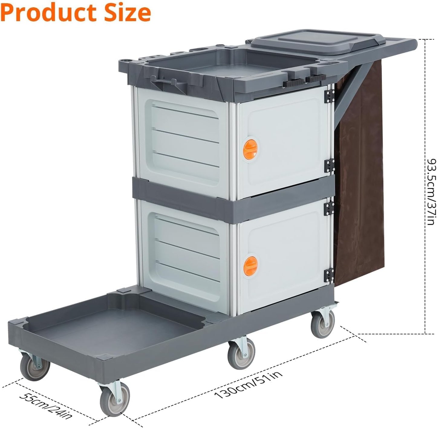 Janitorial Cart with 2 Cabinet, Commercial Traditional Janitorial 3-Shelf Cleaning Cart On Wheels with Cover and Vinyl Bag, Hotel Housekeeping Room Service Utility Cart, Grey