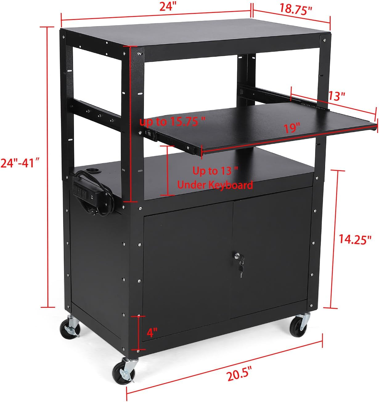 Mobile AV Cart with Locking Storage Cabinet, Adjustable Laptop Stand & Drop Leaves, Rolling Workstation with Power Outlets for Classroom, Office, or Home Use