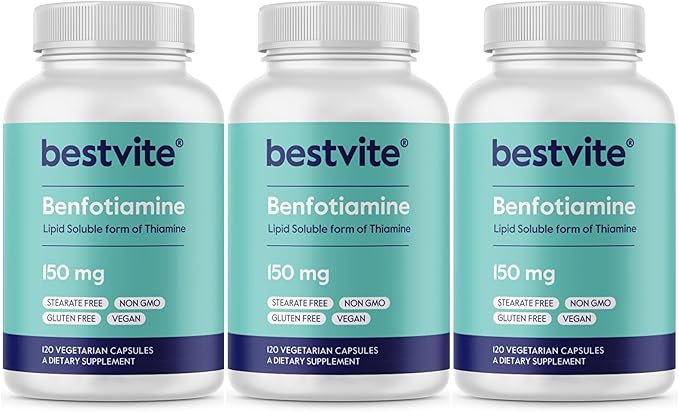 BESTVITE Benfotiamine 150mg (360 Vegetarian Capsules) (120x3) - No Stearates - No Silicon Dioxide - Vegan - Non GMO - Gluten Free