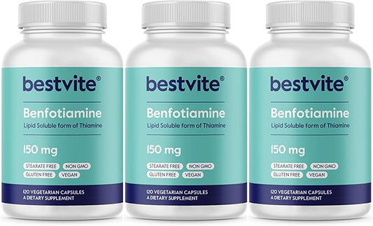 BESTVITE Benfotiamine 150mg (360 Vegetarian Capsules) (120x3) - No Stearates - No Silicon Dioxide - Vegan - Non GMO - Gluten Free