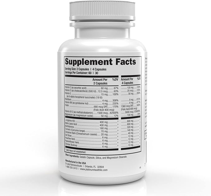 Platinum Health Alpha Lipoic Acid for Neuropathy Nerve Pain Support, Supplement, B Vitamins, L Arginine, All Natural Maximum Strength Neuropaquell for Discomfort in Feet, Hand, Toes,120 Capsules,800mg