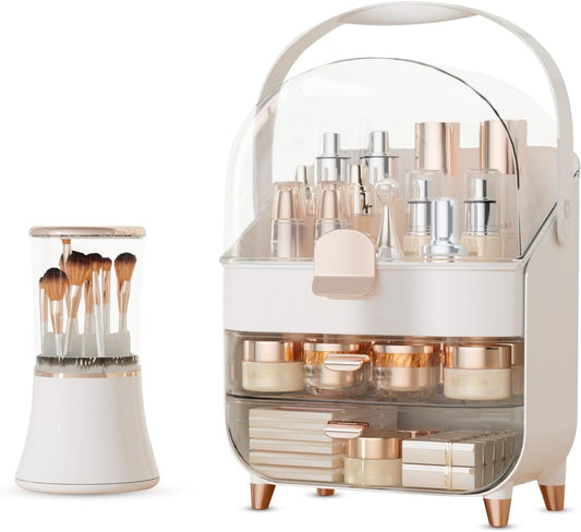Makeup Organizer Countertop & Makeup Brush Holder with Lid 360 Rotating Clear Dustproof Skincare Holder for Vanity Bathroom Countertop, Ideal Gifts for Women, Transparent, Rose Gold