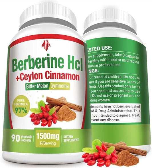 Berberine Supplement 1500mg - Premium Berberine HCl 97% Purity Plus Pure Ceylon Cinnamon, High Potency Berberine for Men Women Supports Immune System Non-GMO