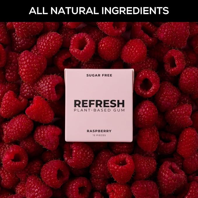 Refresh Gum, Xylitol, Natural, Sugar Free, Aspartame Free, Plastic Free, Natural Flavors & Organic Ingredients, Plant-Based, Low Calorie, Non GMO, Gluten Free, Vegan, Raspberry Flavor, 12 Pcs, 12 Pack