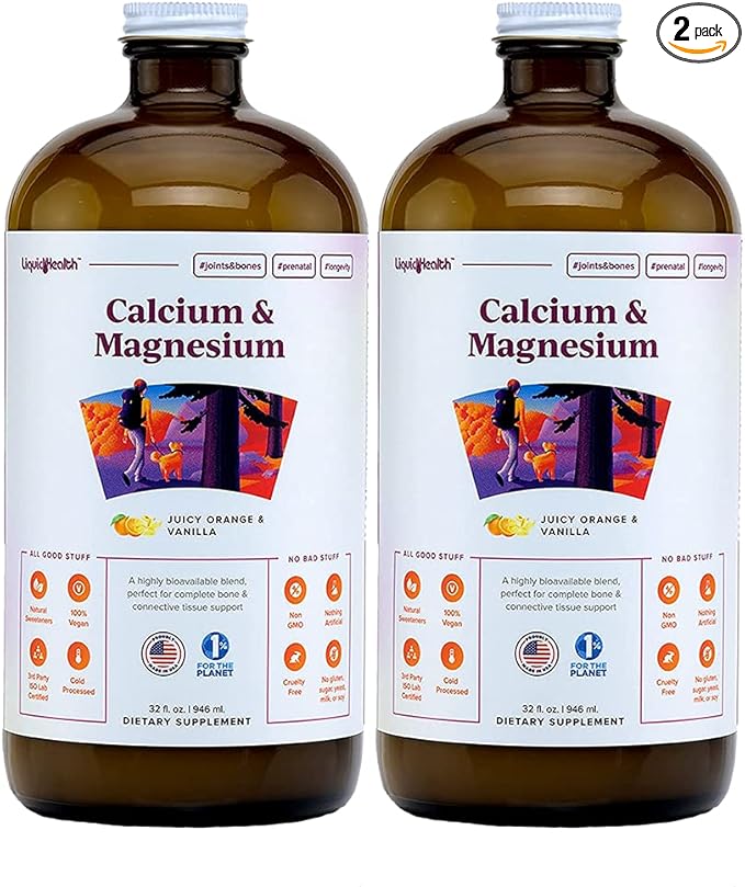 LIQUIDHEALTH Calcium & Magnesium Adult Liquid Vitamin Supplement - Bone, Joint, Muscle, Connective Tissue Support, Heart Health, Essential Nutrients - Made in USA, Vegan, Non GMO, No Sugar (2 Pack)