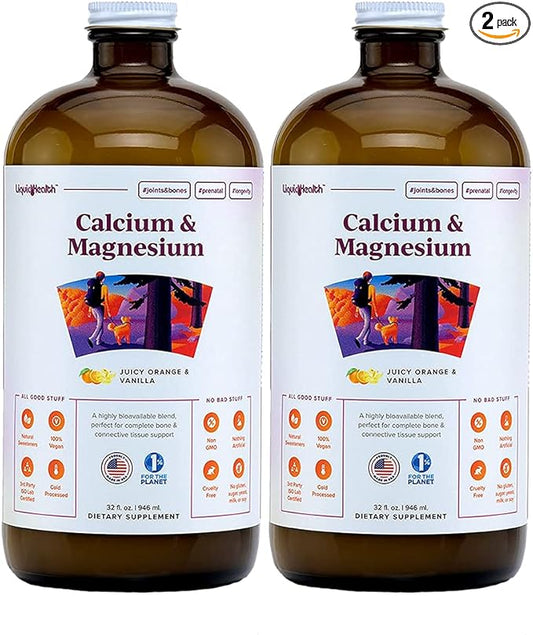 LIQUIDHEALTH Calcium & Magnesium Adult Liquid Vitamin Supplement - Bone, Joint, Muscle, Connective Tissue Support, Heart Health, Essential Nutrients - Made in USA, Vegan, Non GMO, No Sugar (2 Pack)