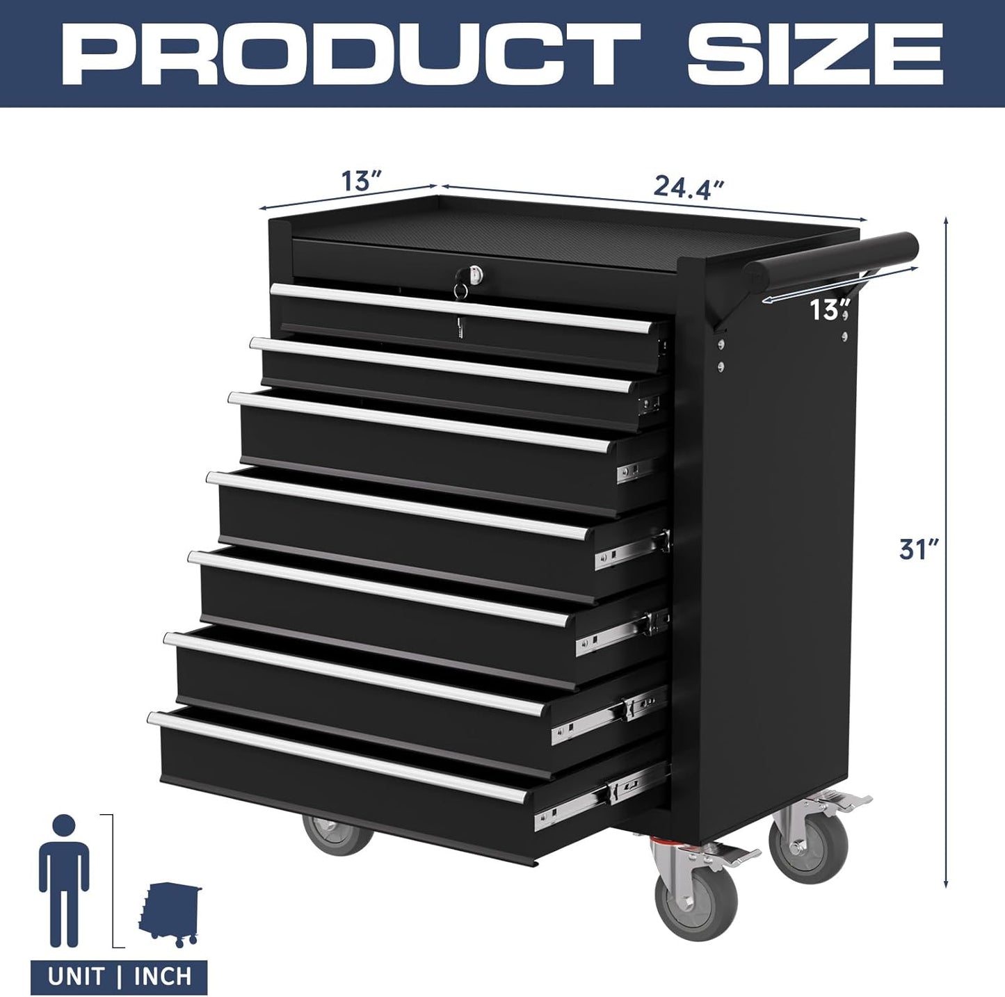 7-Drawer Tool Chest,Rolling Tool Cart with Wheels,High Capacity Tool Cabinet with Locking System for Garage, Warehouse, Workshop-Black