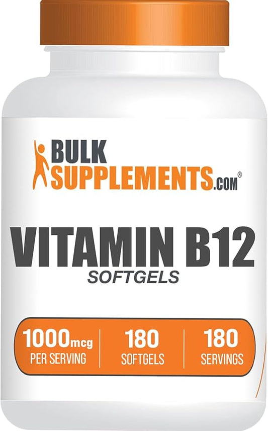 BulkSupplements.com Vitamin B12 1000 mcg Softgels - as Cyanocobalamin, Vitamin B12 Supplement - Essential Vitamin B, Gluten Free, 1 Softgel per Serving, 180 Count (Pack of 1)