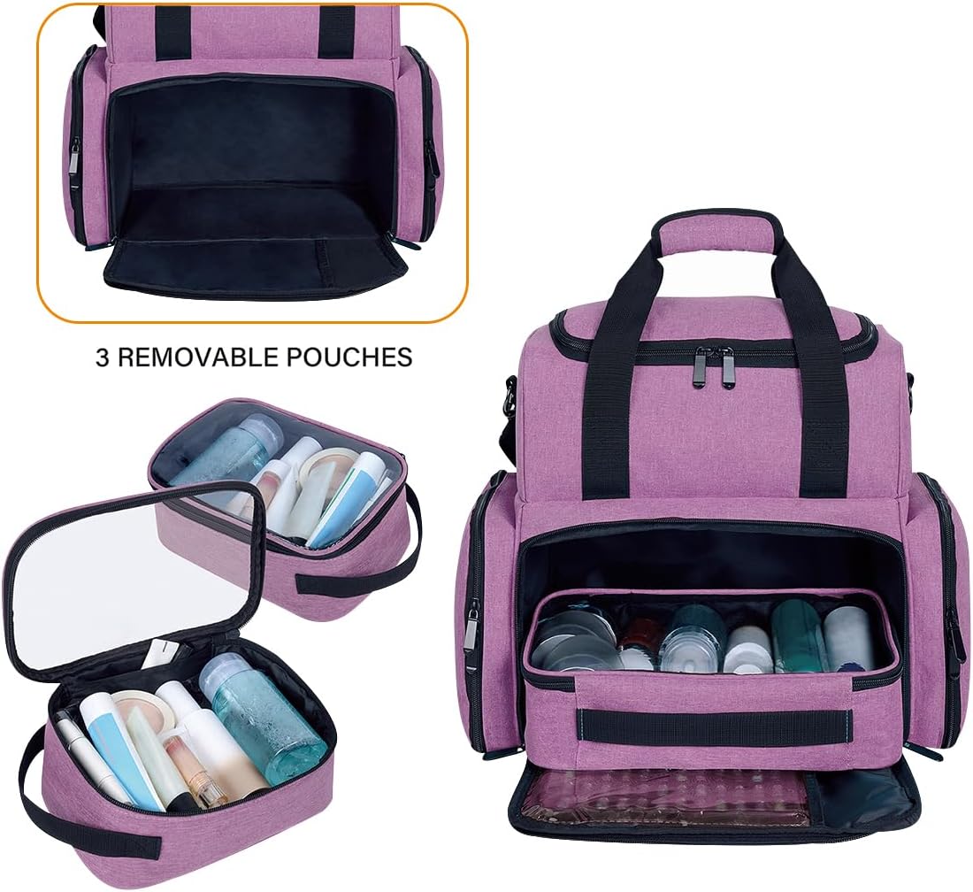 Large Makeup Cosmetic Bag with 3 Removable Case and 2 Removable Dividers Double Layer Travel Storage Organizer, Makeup Brushes Storage Section Purple