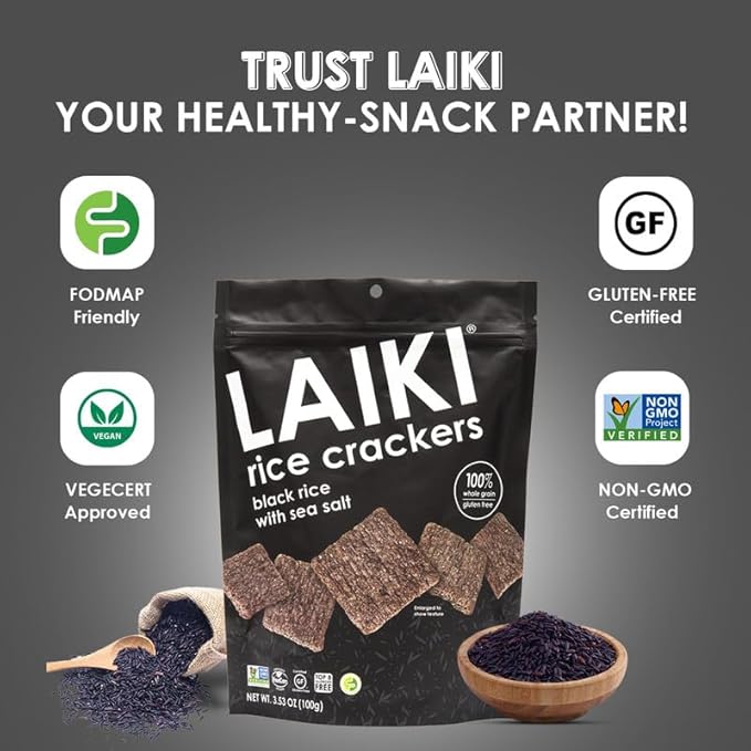 Gluten Free Rice Crackers - Seed-Oil Free - Snacks - Low Sodium Crackers Crunch - Allergen-Friendly , Vegan, Non-GMO Verified, FODMAP Friendly, Black Rice Simply Sea Salt flavor - 3.53 Oz Bag (Pack of 8)