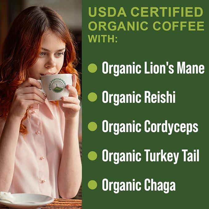 Organic Mushroom Coffee Pods with Lion's Mane, Reishi, Cordyceps, Turkey Tail, and Chaga Mushrooms. High Altitude, Low Acid, Smooth Tasting, Fair Trade, 72 Nootropic Coffee Pods (Medium Roast Ground)