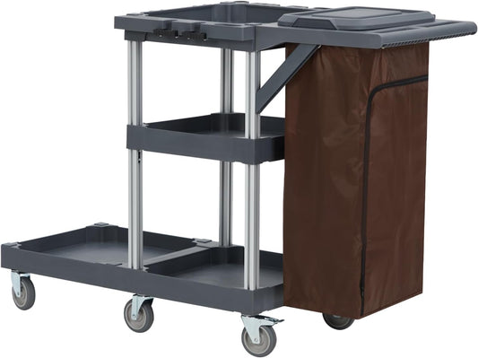 Cleaning Cart, Heavy-Duty Rolling Service Cart with 3-Tier Shelves & Hooks, 300 Lbs Capacity Mobile Janitorial Cart for Commercial Housekeeping Supplies Storage