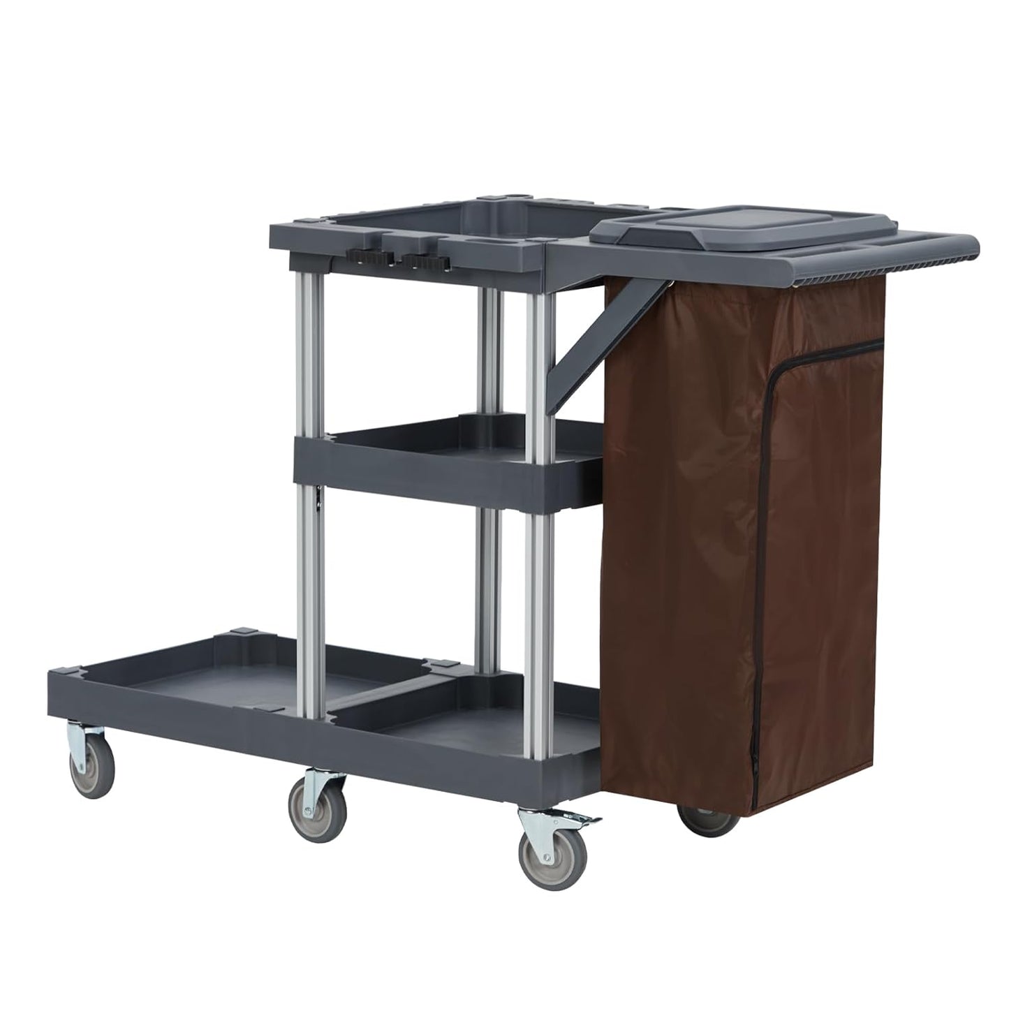 Commercial Janitorial Cleaning Cart on Wheels with Cover and Vinyl Bag, 3-Shelf Custodial Cart Housekeeping Carts for Hotels, Stores, Schools, and Business