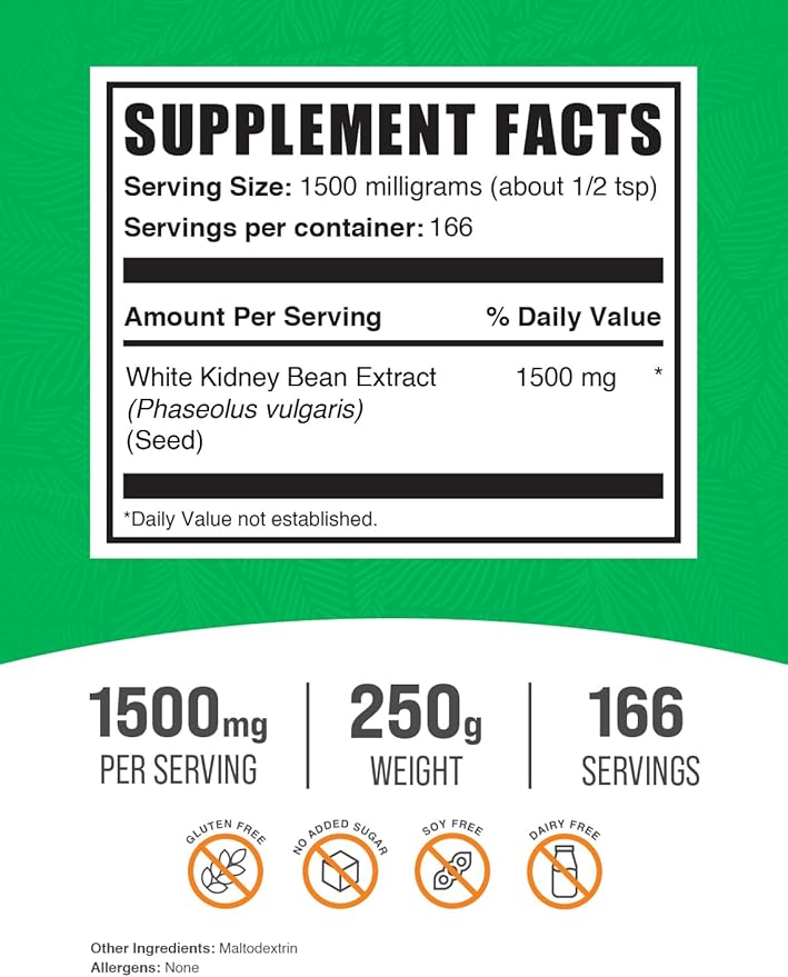BulkSupplements.com White Kidney Bean Extract Powder - White Kidney Bean Powder - Herbal Supplement - Gluten Free, 1.5g per Serving, 250g (8.8 oz) (Pack of 1)