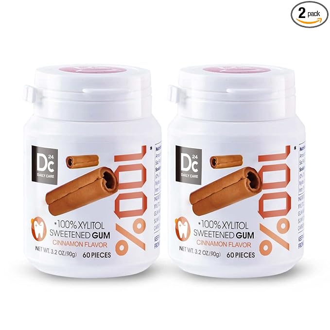 DC24 DAILY CARE 100% Xylitol Gum, No Aspartame, Sugar Free Chewing Gum, Natural Cinnamon Flavor, Gluten Free, Vegan, 60 Pieces, Pack of 2