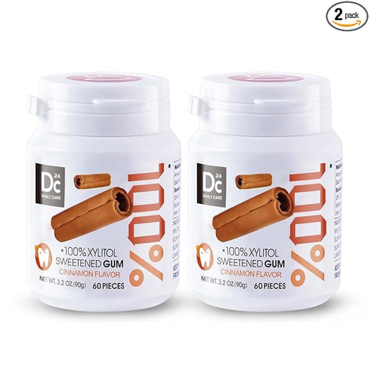 DC24 DAILY CARE 100% Xylitol Gum, No Aspartame, Sugar Free Chewing Gum, Natural Cinnamon Flavor, Gluten Free, Vegan, 60 Pieces, Pack of 2