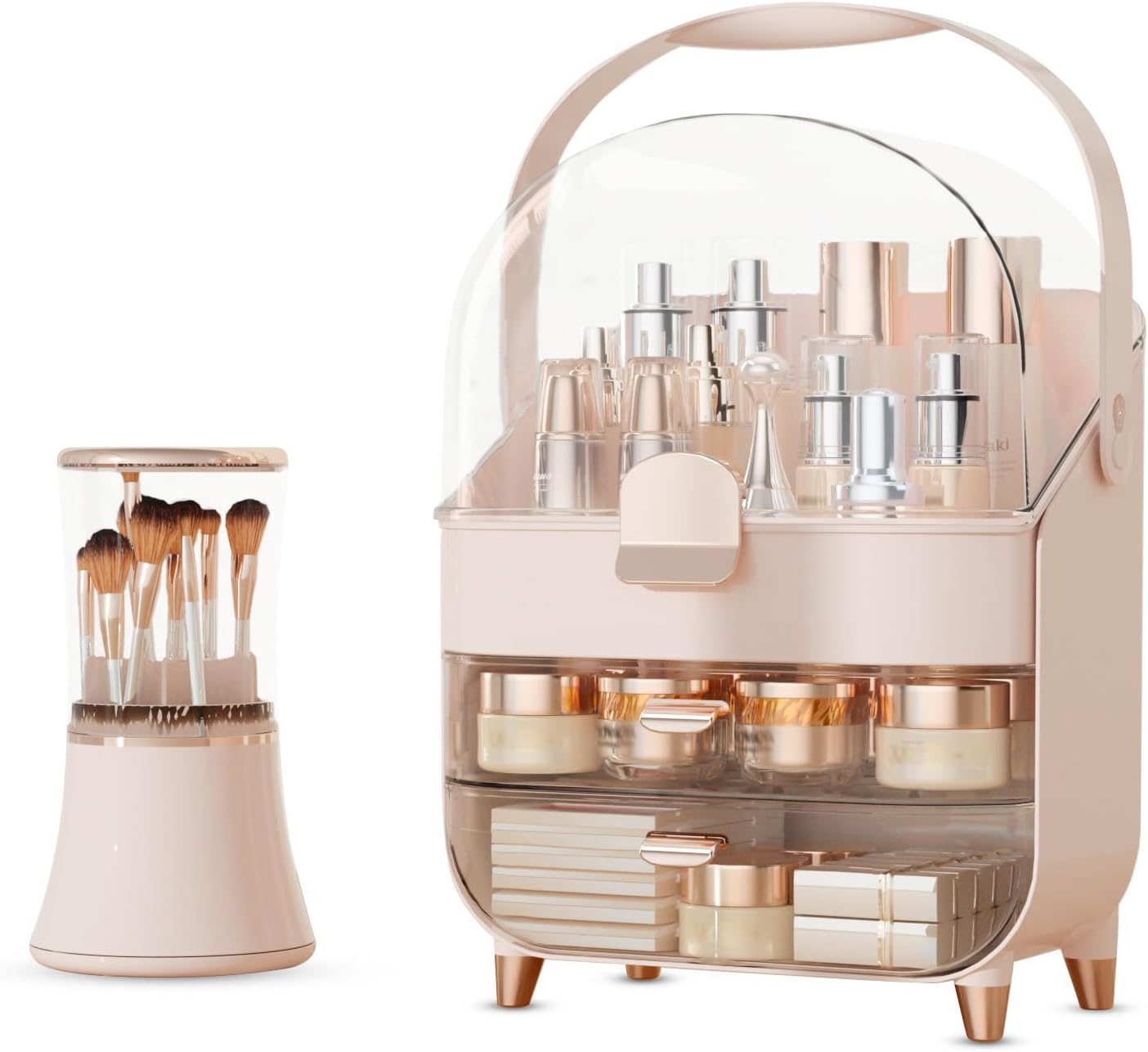 Makeup Organizer Countertop & Makeup Brush Holder with Lid 360 Rotating Clear Dustproof Skincare Holder for Vanity Bathroom Countertop, Ideal Gifts for Women, Transparent, Pink