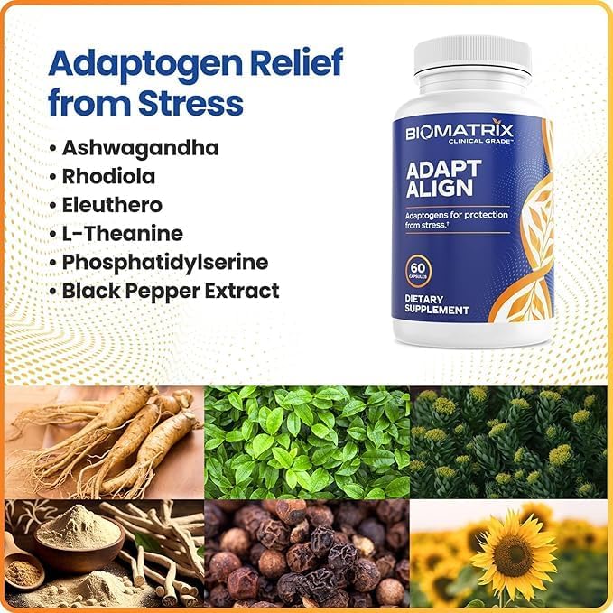 BioMatrix Adaptogen Supplement w/Ashwagandha, L-Theanine, Rhodiola, Ginseng | Cortisol Support, Stress Relief, Focus, Mood | 60 Capsules