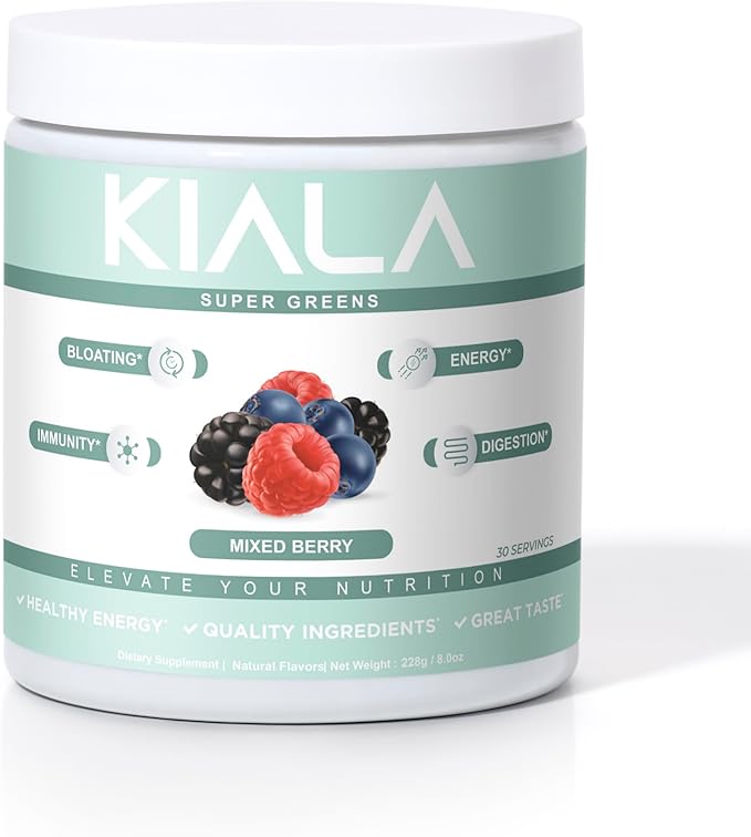 Kiala Nutrition Super Greens, Organic Greens Powder with Spirulina & Chlorella for Digestion, Gut Health, Immunity, Energy, Gluten Free, Vegan, Sugar Free, Mixed Berry, Spectra Blend, 30 Servings