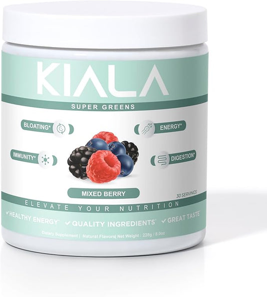 Kiala Nutrition Super Greens, Organic Greens Powder with Spirulina & Chlorella for Digestion, Gut Health, Immunity, Energy, Gluten Free, Vegan, Sugar Free, Mixed Berry, Spectra Blend, 30 Servings