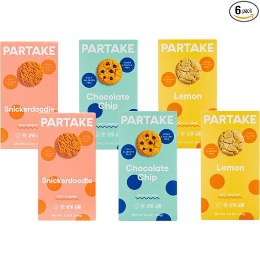 Partake Gluten Free Soft Baked Cookies Variety Pack (Chocolate Chip, Lemon & Snickerdoodle) - Vegan - Free From the Top 9 Allergens Including Dairy, Wheat, Soy, Eggs, & Peanuts - Non GMO - Safe School & Office Snack (6 Pack, 5.5oz Boxes)