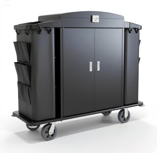 Heavy Duty Metal Housekeeping Janitorial Cart,Silent Casters,Locking Large Capacity Cabinets,Cleaning cart for Housekeeping/Commercial Facility/Hotel/Stadium/School(Black)