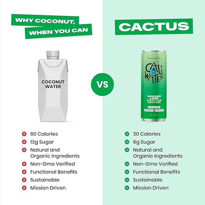 Caliwater - Organic Cactus Water - Ginger and Lime - 5g Sugar, 25 Calories - Coconut Water Alternative - Natural Plant Based Hydration - Skin Care, Electrolyte Drinks - Flavored Water - 12 Cans