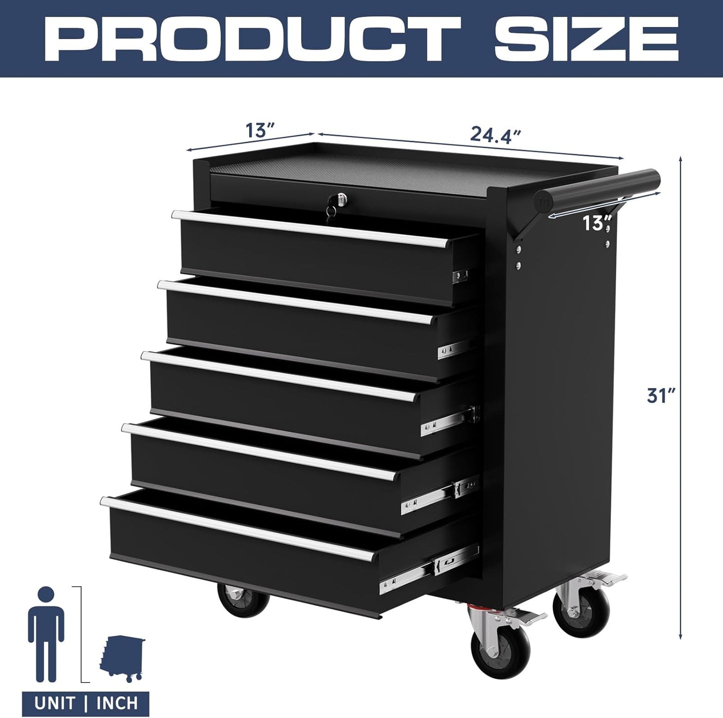 5-Drawer Tool Chest,Rolling Tool Cart with Wheels,High Capacity Tool Cabinet with Locking System for Garage, Warehouse, Workshop-Black