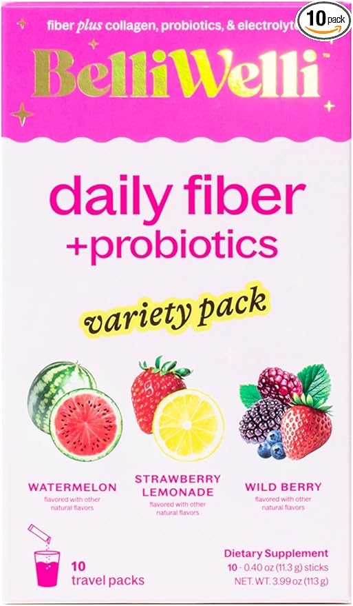 Daily Fiber Supplement Packets with Collagen, Probiotics & Electrolytes | Single Serve Packets for Gut Health, Digestion & Debloating | Variety | 10 Count