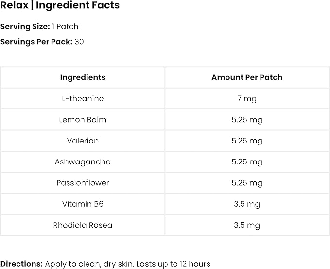Relax Patch | L-Theanine, Lemon Balm, Valerian, Ashwagandha, Passionflower | 30 Patches