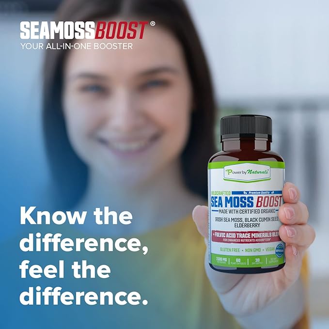 Power By Naturals Sea Moss Advanced with Black Seed Oil & Elderberry Capsules - Certified Organic Irish Sea Moss Capsules for Energy, Gut & Immune Support - Sea Moss Pills with (60+ Minerals) 60 Pills
