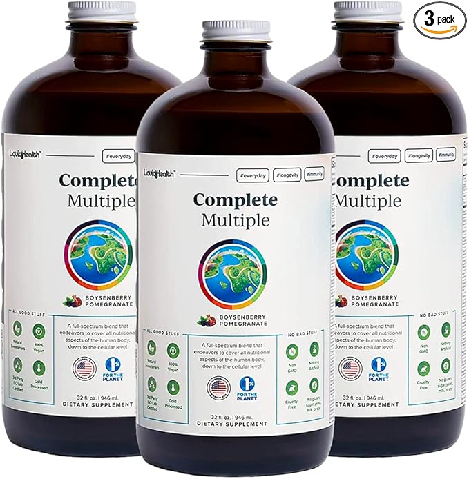 LIQUIDHEALTH Complete Multiple Adult Liquid Multivitamin - Essential Vitamins, Minerals & Nutrients, Immune Support, Gut Health, Energy, Detox - Made in USA, Vegan, Non-GMO, Sugar-Free (3 Pack)