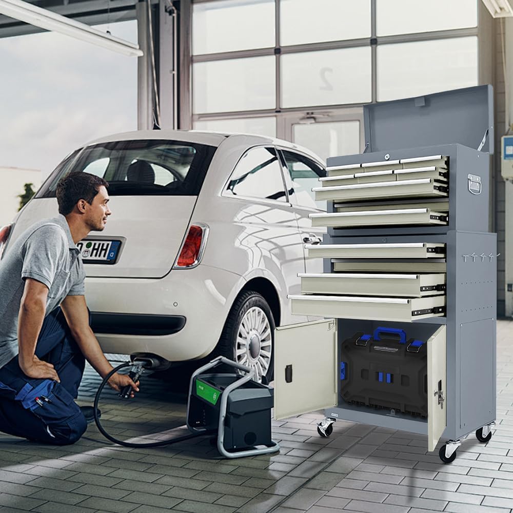 13-Drawer Double Door Rolling Tool Chest, 2 in 1 Detachable Tool Chest,Tool Box with Drawers and Wheels, Large Tool Cabinet with Lock, Metal Standing Toolbox for Garage Workshop-Gray&White