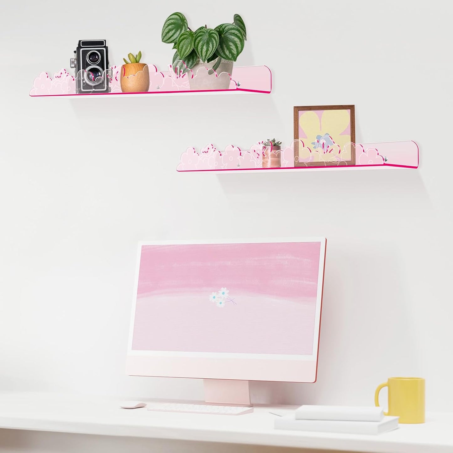 Floating Shelves for Wall,4 Pack 15.7’’x 3.5’’Adhesive Acrylic Shelves Organizer for Book Toy Photo Makeup,Wall-Mounted Kids Storage for Bathroom,Bedroom,Nursery,Pink Butterfly