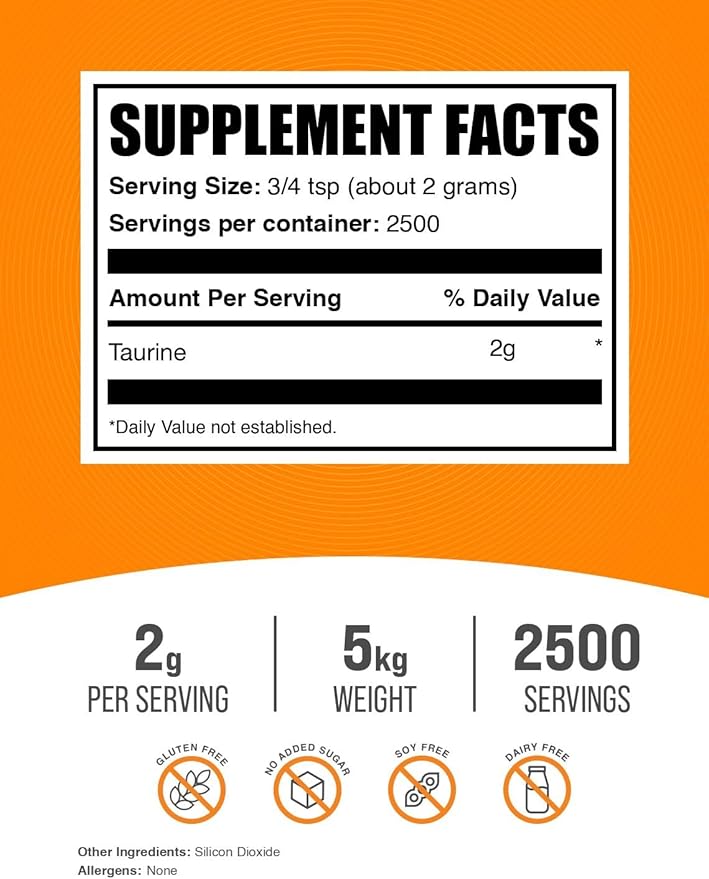 BulkSupplements.com Taurine Powder - Taurine Supplement, Amino Acid Supplement for Energy - Unflavored & Gluten Free, 2g per Serving, 1kg (Pack of 5) (11 lbs)