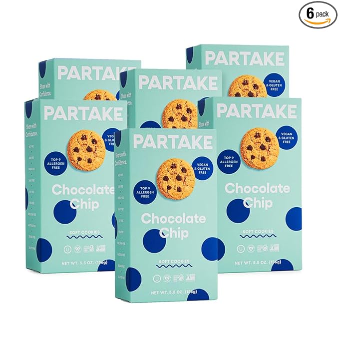Partake Gluten Free Soft Baked Chocolate Chip Cookies - Vegan - Free From the Top 9 Allergens Including Dairy, Wheat, Soy, Eggs, & Peanuts - Non GMO - Safe School & Office Snack (6 Pack, 5.5oz Boxes)