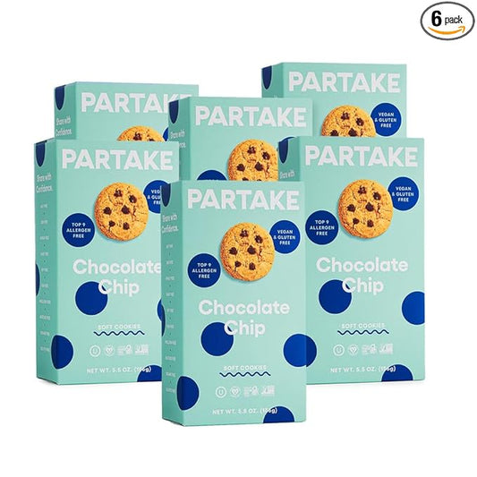 Partake Gluten Free Soft Baked Chocolate Chip Cookies - Vegan - Free From the Top 9 Allergens Including Dairy, Wheat, Soy, Eggs, & Peanuts - Non GMO - Safe School & Office Snack (6 Pack, 5.5oz Boxes)