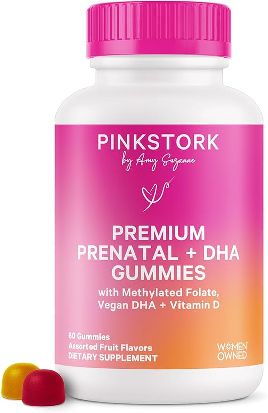 Pink Stork Premium Prenatal Gummy Vitamins with DHA, Folate, and Vitamin D - Multivitamin and Nutrient Blend for Neural Tube and Fetal Brain Development - Pregnancy Must Haves - 60 Vegan Gummies