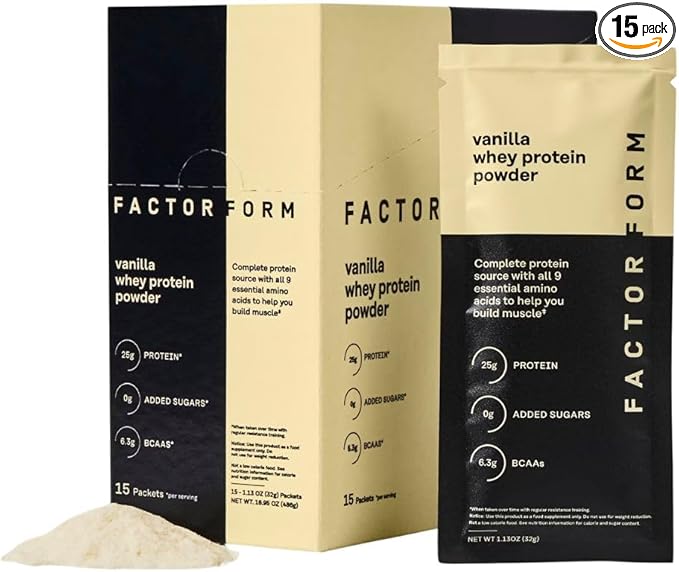 FACTOR FORM Whey Protein Powder | 100% Whey Isolate | 25g Protein & 6.3g BCAAs | Low Carb & Keto-Friendly | No Added Sugar (15 Packets, Vanilla)