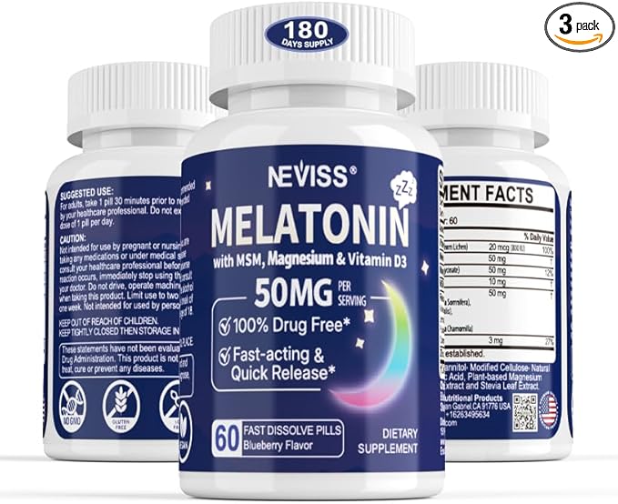 Melatonin 50 mg for Adults - Extra Strength 9-in-1 Fast Dissolve Sublingual - w/Vitamin D3 & MSM, Relaxing Herbal Blend-Ashwagandha, Lemon Balm, Passionflower,Chamomile,Sugar Free, Vegan 180 Servings