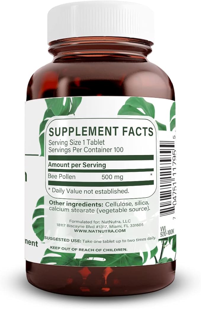 Natural Nutra Bee Pollen 500 mg, Gluten-Free Vegetarian Supplement, Helps Promotes Vitality, Energy Boost, Skin Health, Boost Stamina, Nutritional Supplement, 100 Tablets