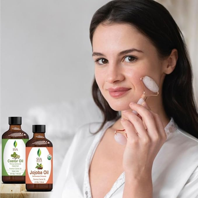 SVA Castor Oil 4oz & Jojoba Oil 4oz Bundle Super Saver Combo – Premium Grade Bundle Set for Hair Oiling, Scalp Massage, Hair Care, Face, Skin Care and Body Massage