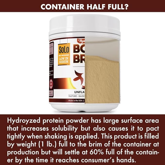 Solo Bone Broth Protein Collagen Powder Low Sodium, 16g Hydrolyzed Collagen Type I & III, for Healthy Skin, Nails, Hair, Joints & Digestion, Grass Fed, 1 lb (Canister - Net Wt. 1 lb. Powder)