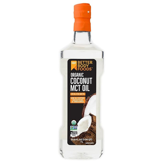 BetterBody Foods Organic Coconut MCT Oil - Energy Boosting- Keto-Friendly - C8 & C10 - Gluten Free - 1 Liter, 33.8 Fl Oz